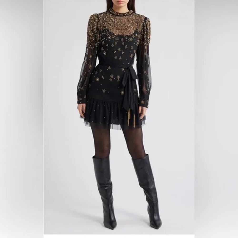 Farm Rio Black/Gold Embroidered Tulle Overlay Minidress, Concert, Party, XL NWT - Picture 2 of 12
